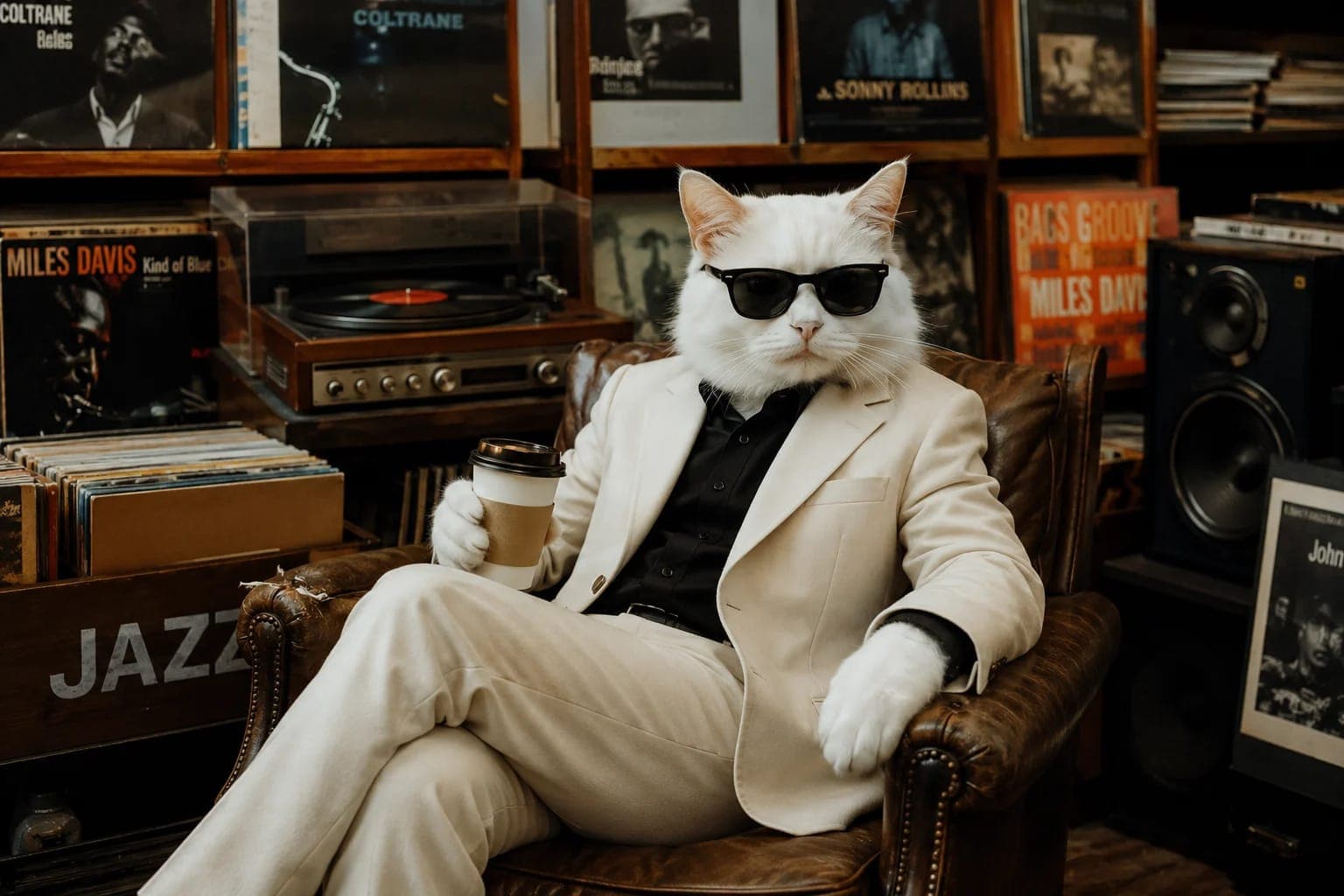 Anthropomorphic White Cat in Vintage Record Store – Ultra Realistic Retro Character Portrait Prompt