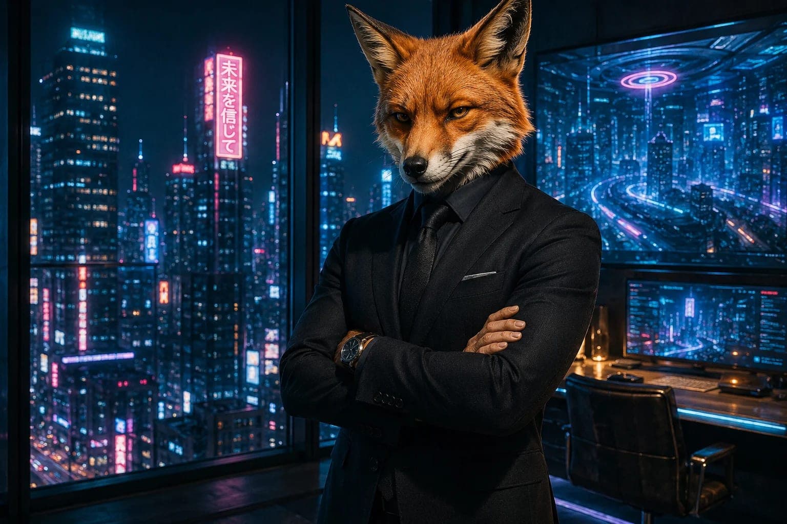 Cyberpunk Fox CEO in Neon Tokyo Office – Ultra Realistic AI Prompt
