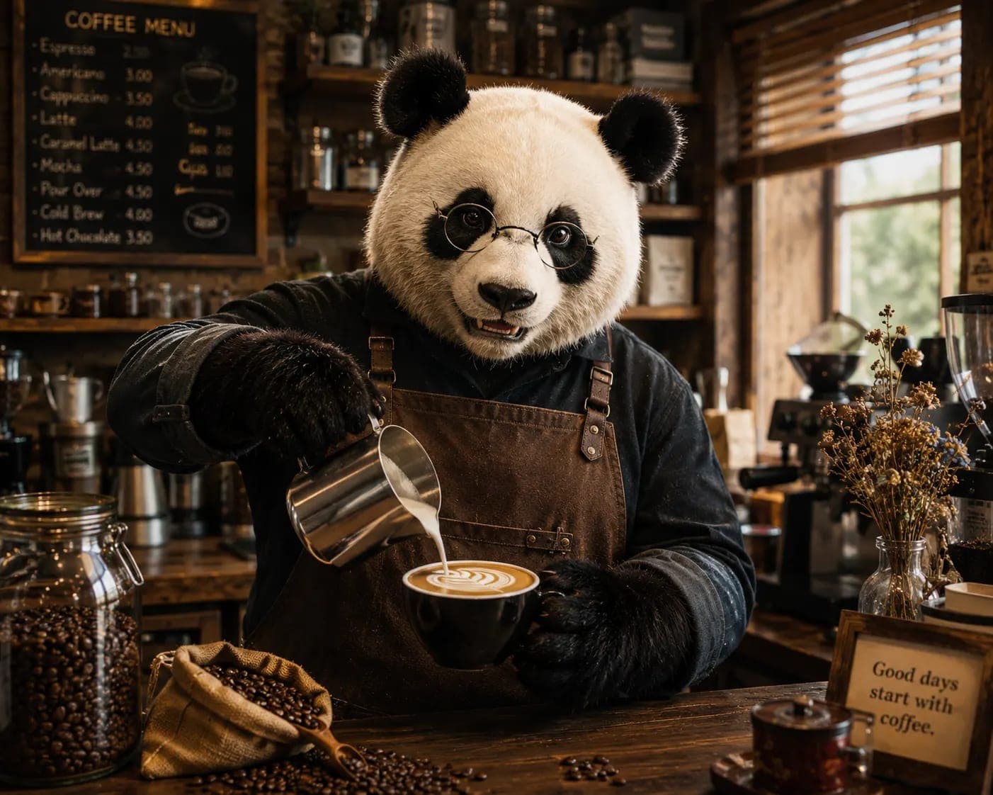 Cute Panda Café Owner in Cozy Coffee Shop – AI Image Prompt