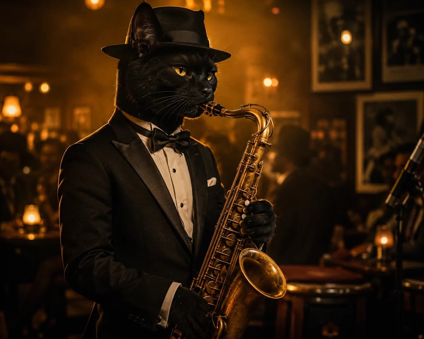 Cool Black Cat Jazz Musician in Vintage Club – AI Art Prompt