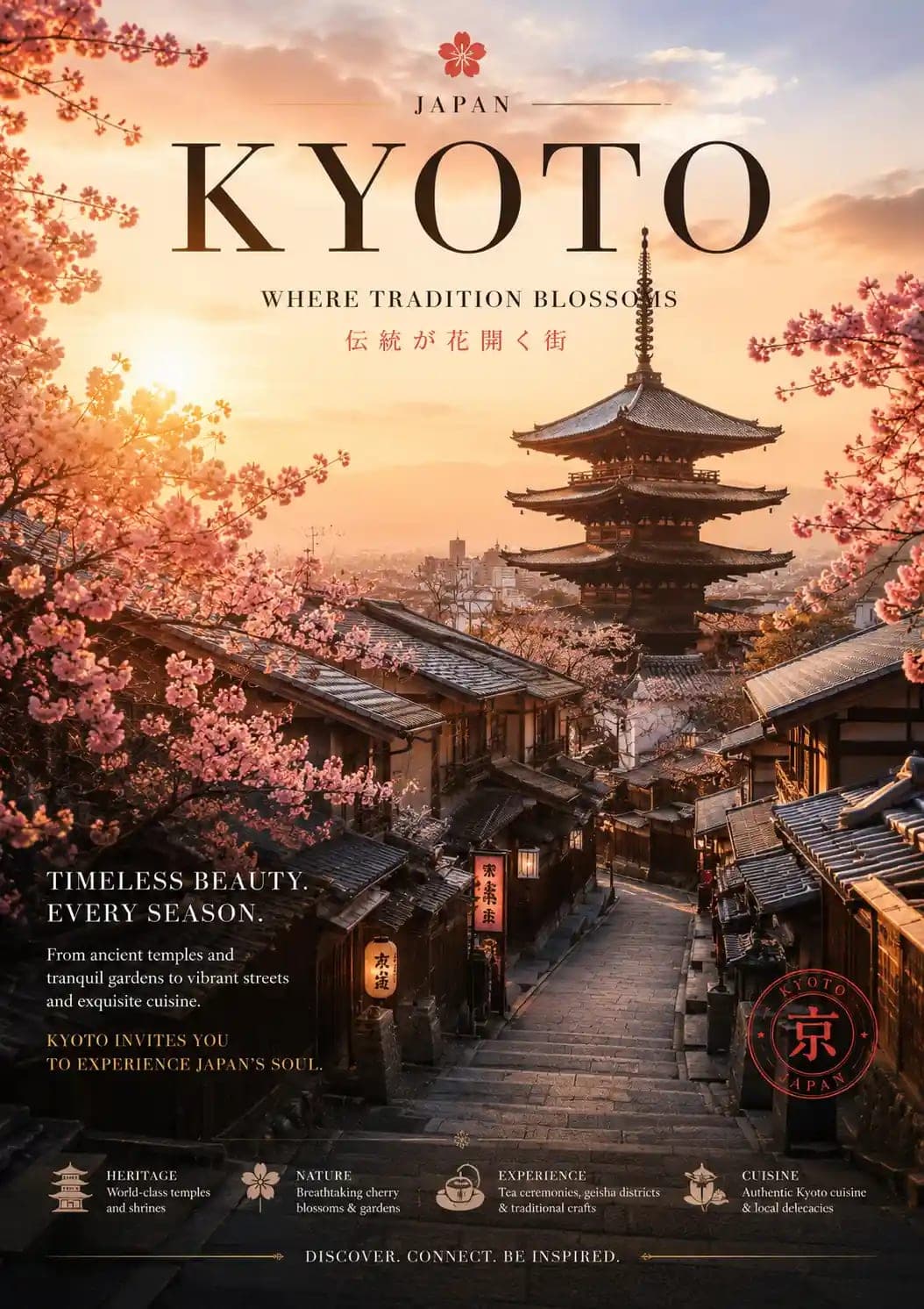 Kyoto Japan Travel Poster with Cherry Blossoms