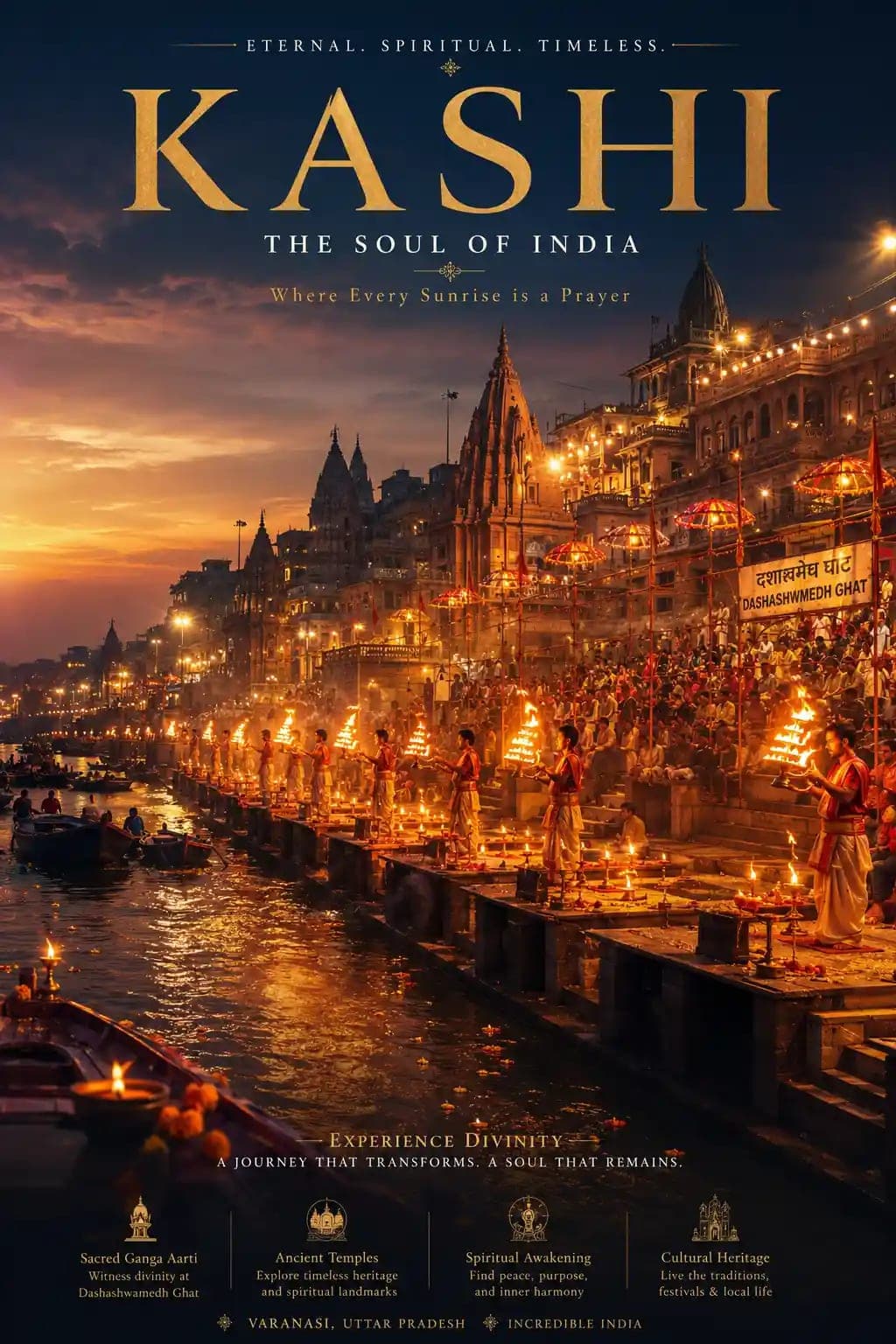 Kashi Varanasi Spiritual Travel Poster – AI Prompt