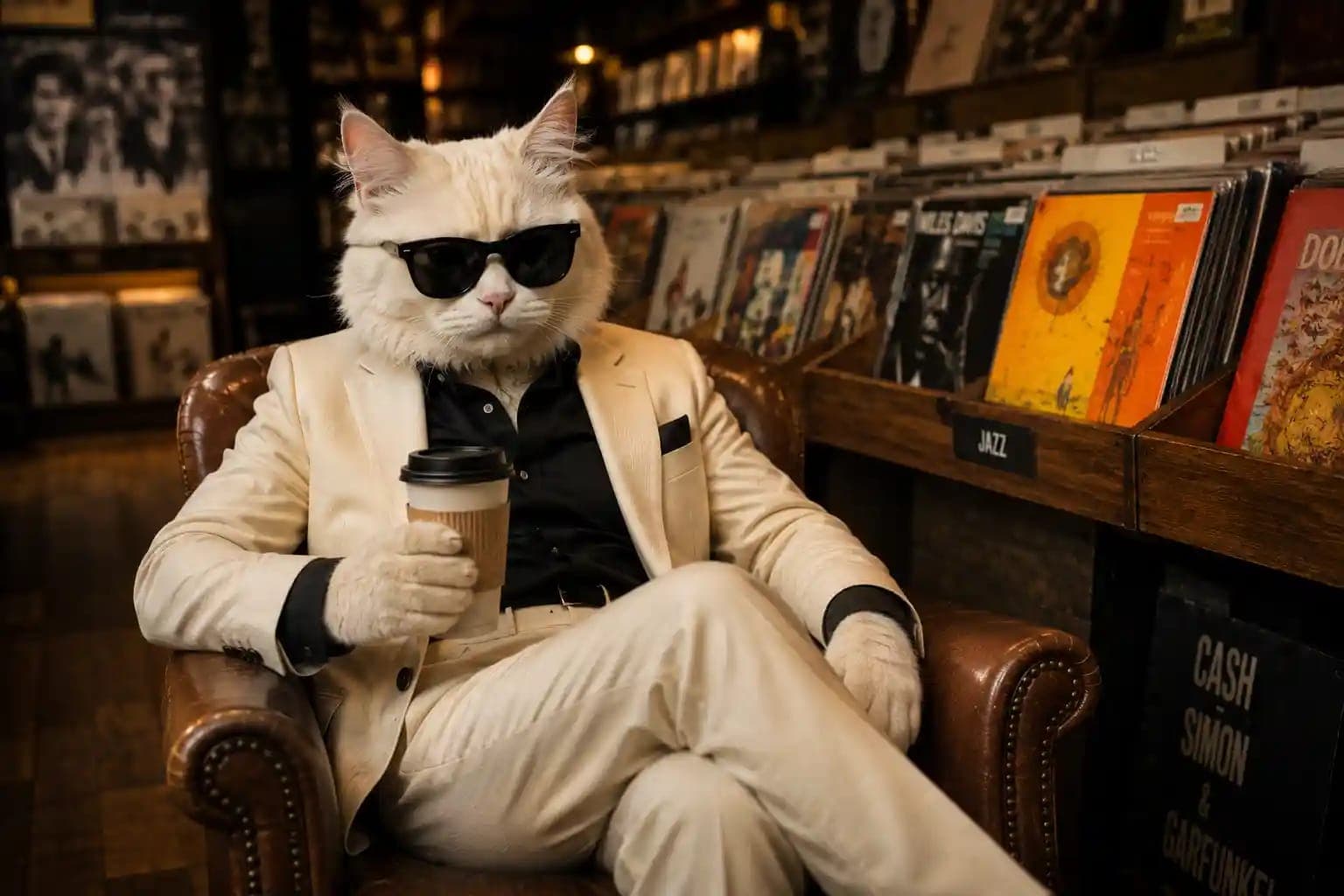 Stylish White Cat in Vintage Record Store – Realistic Animal Character Prompt
