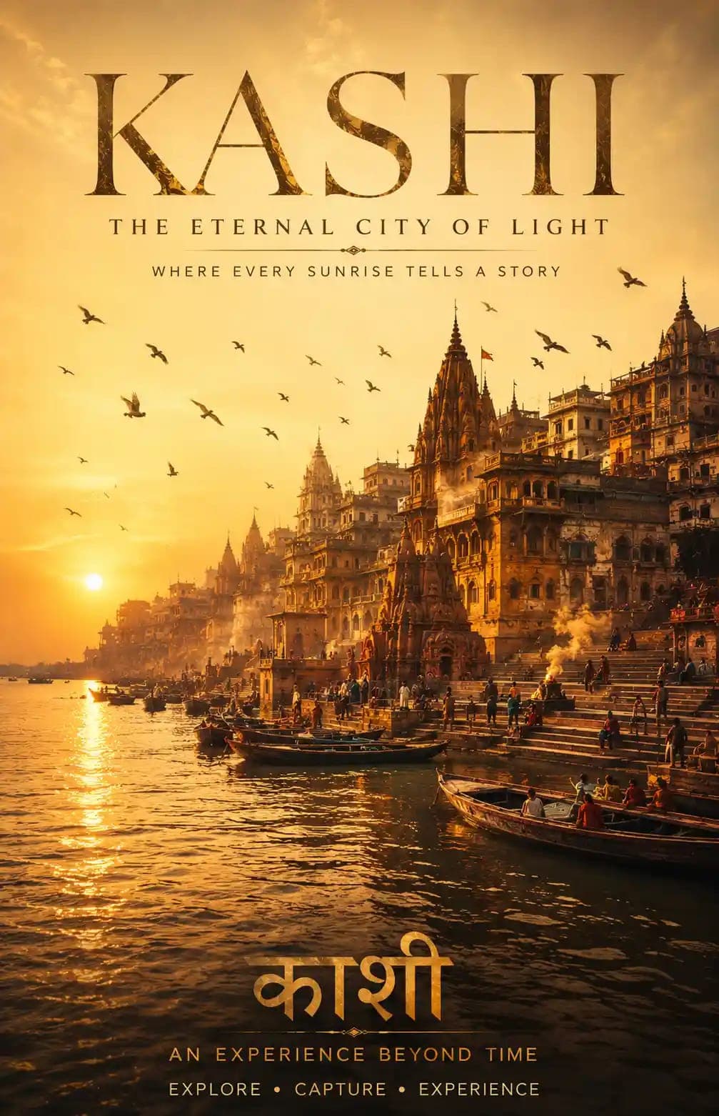 Ultra-Premium Kashi (Varanasi) Double Exposure Travel Poster Prompt | Identity-Locked Cinematic Photography