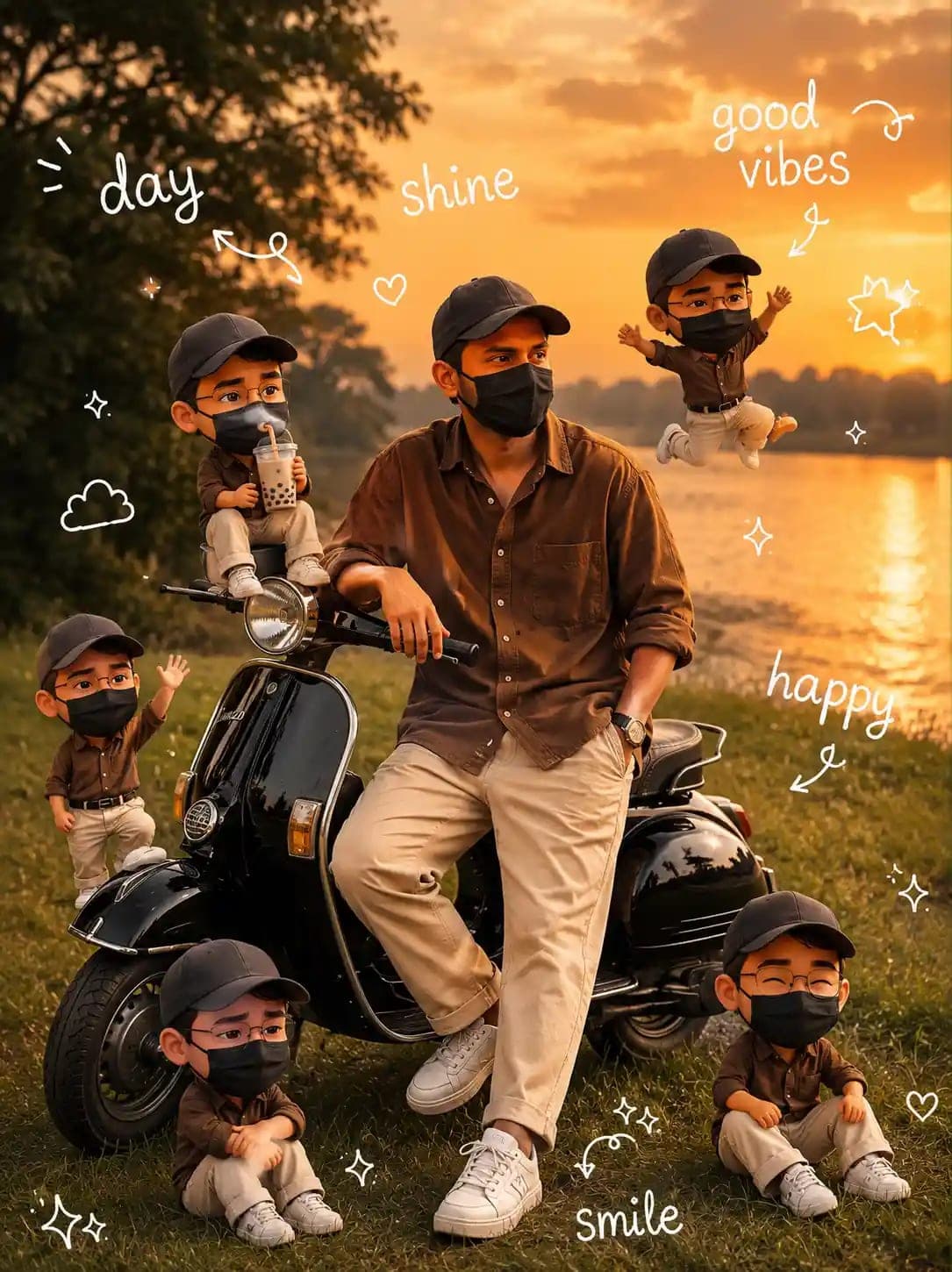 Masked Sunset Scooter Dreams Prompt – Aesthetic Mixed Media Portrait with Chibi Mini Characters Prompt